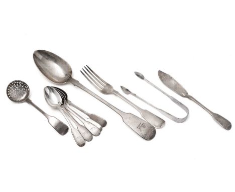 Victorian silver Fiddle pattern flatware: a basting spoon, five teaspoons, a pair of sugar tongs, a sugar sifter ladle, a but