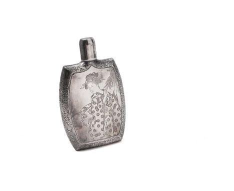 A late 19th Century Japanese silver spirit flask of shaped rectangular outline, engraved on the front with a bijin plucking b