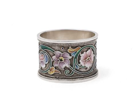 A late 19th/early 20th Century Russian parcel gilt and cloisonné enamelled napkin ring, decorated in shaded polychrome with a