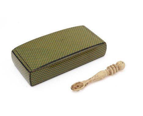 A Victorian Scottish Mauchline-ware snuffbox, with green and yellow chequer pattern and a foiled interior; together with a bo