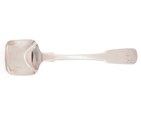 A silver Fiddle pattern sugar spoon, initialled "McK", by George Elder, Banff 1830-1840, 16cm long, 0.7oz.Condition - 7.5/10