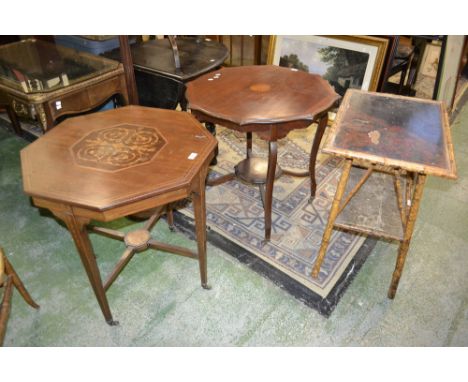 Two Edwardian inlaid occasional tables; a bamboo occasional table,and a standard lamp.