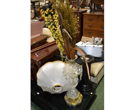 A cut glass table lamp; a Satsuma style vase; a large glass specimen vase; a ceramic jardiniere stand (4)