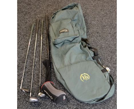 Golfing - a GH golf flight bag; a Taylor Made graphite driver;  Dunlop No 7 iron; Mercury Tour No 3 iron;  a Bronty Pitchmast