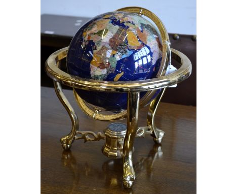 A hard stone and brass desk terrestrial globe, inlaid with various specimens, late 20th century 