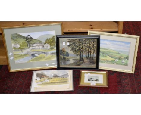 Prints and Picture - K Mann, Summer Landscape, watercolour, signed, framed; another smaller, unframed; Joy Clive, Meadow with
