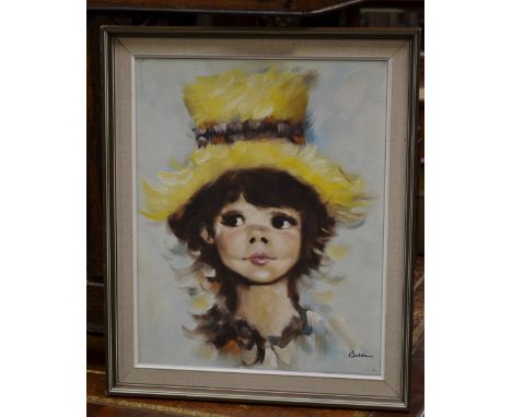A mid 20th Century oil on canvas, portrait of young girl in hat, indistinctly signed, 40cm x 50cm