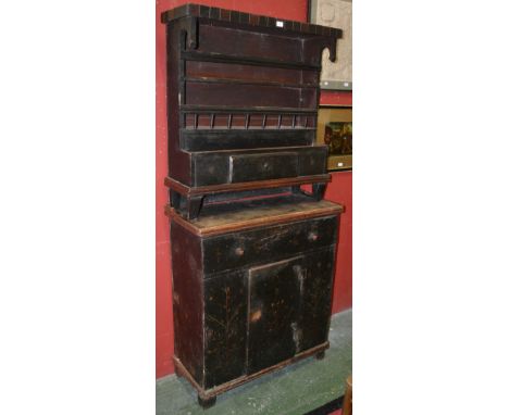 Continental painted pine dresser, projecting cornice, two shelves over stepped shelf and short drawer to top, long drawer ove