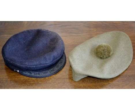 A khaki army cap with pompom; a Royal Navy peaked cap