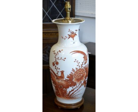 A large Chinese vase, as a table lamp, decorated with exotic birds and peonies