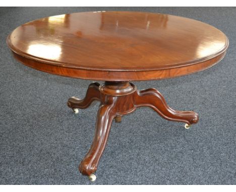 A Victorian mahogany breakfast table, circular top, turned column, carved, hipped legs, ceramic casters, circa 1880.