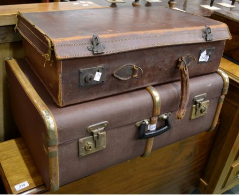 A brown leather suitcase; a wooden bound travel trunk, early 20th century (2)