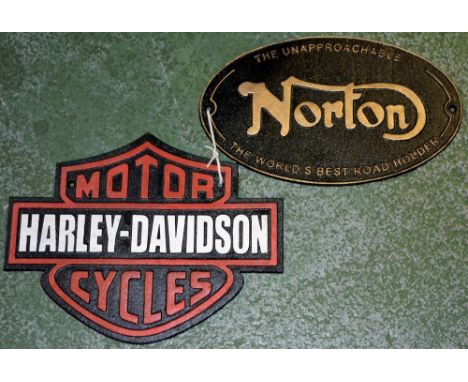 Two reproduction cast iron motorcycle plaques - Norton and Harley Davidson (2)