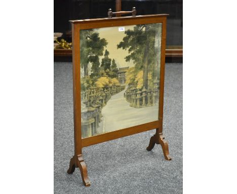 An Edwardian mahogany fire screen with Chinese screen print landscape, 90cm x 62cm C1910