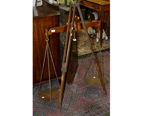 A set of De Grave & Co., London market balance scales with tripod, the pans stamped with various assay marks dated from 1896 