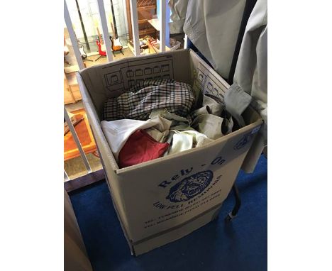 Box of assorted clothes to include; 2 Barbour shirts, 1 Jaeger blouse, 2 Daks London trousers, 1 Mondi jeans, 1 Line Up jumpe