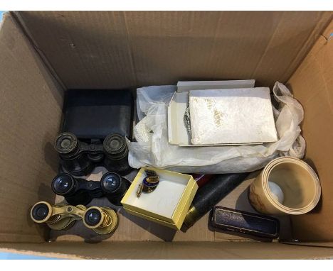 Two telescopes, three pairs of opera glasses, various enamel badges etc.