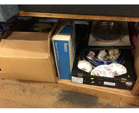 Shelf of assorted including blue and white meat plates