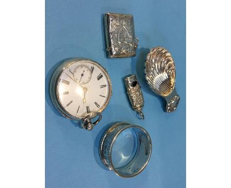 A silver pocket watch, caddy spoon, vesta etc.