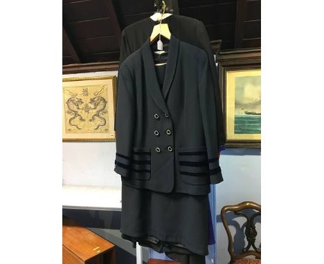 Two Salvadori Albari, Paris 3/4 length dresses, 1 purple and 1 black, Akris, Switzerland  2 piece blouse and skirt, Ferio Cou