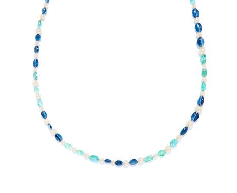 EMERALD, SAPPHIRE AND PEARL BEAD NECKLACE comprising of a single row of polished emeralds, sapphires and pearls, 45.8g.