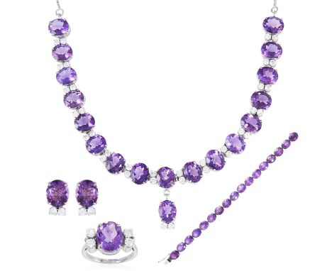 AMETHYST GEM SET NECKLACE, BRACELET, EARRINGS AND RING SUITE in silver, set with alternating oval cut amethyst and cubic zirc