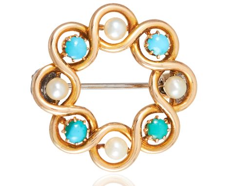 ANTIQUE TURQUOISE AND PEARL BROOCH in yellow gold, set with four pearls and four cabochon turquoise in open scroll work circu
