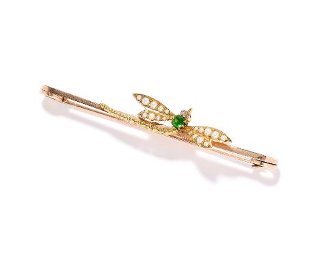 ANTIQUE PERIDOT, PEARL AND DIAMOND DRAGONFLY BROOCH in high carat yellow gold, in dragonfly motif set with rose cut diamonds,