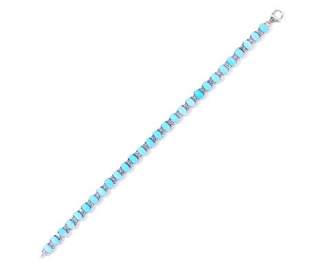 TURQUOISE AND AMETHYST EARRING AND BRACELET SUITE in sterling silver, the bracelet is formed of alternating cabochon turquois