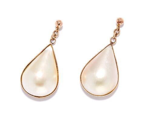 MABE PEARL DROP EARRINGS in yellow gold, each comprising of a pear shaped mabe pearl, unmarked, 3cm, 5.4g.