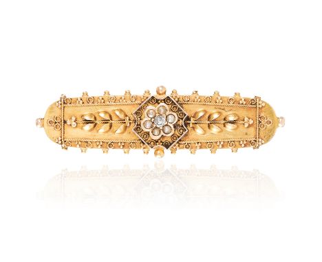 ANTIQUE PEARL AND DIAMOND BROOCH in 15ct yellow gold, set with seed pearls and an old cut diamond in scrolling and foliate mo