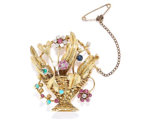VINTAGE GEMSET FLOWER BASKET BROOCH in 18ct yellow gold, set with round cut diamonds, rubies, sapphire, emeralds, cabochon tu