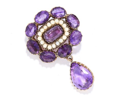 ANTIQUE GEORGIAN AMETHYST AND PEARL BROOCH in yellow gold, set with oval and cushion cut amethyst and seed pearls, suspending