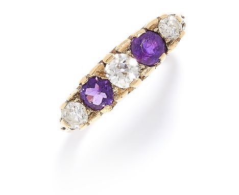 ANTIQUE AMETHYST AND DIAMOND FIVE STONE RING in 18ct yellow gold, set with alternating round cut amethysts and old cut diamon