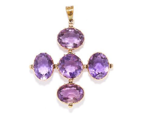 ANTIQUE AMETHYST CROSS PENDANT in yellow gold, set with five round and oval cut amethyst, unmarked, 4.5cm, 8.6g.