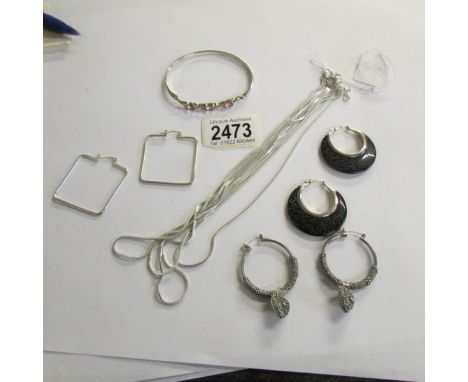 An Italian three row necklace silver Milor make together with three pairs of silver earrings and a silver bangle set with ame