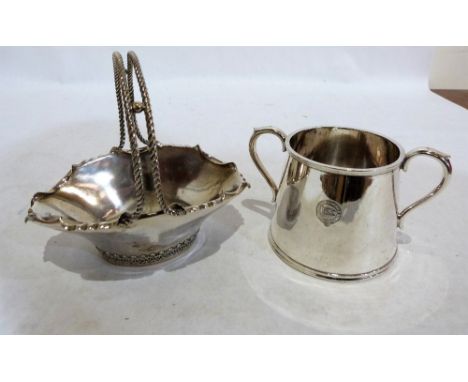 A continental white metal basket with double twist handle, 6½'' wide, together with an Elkington Plate sucrier engraved 'Anch