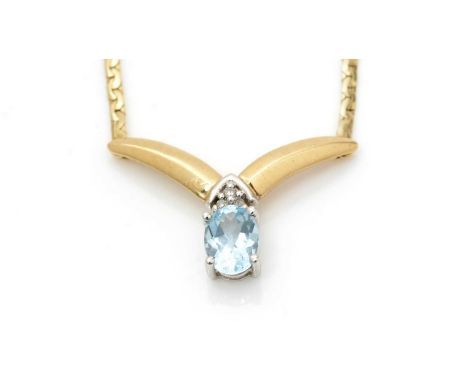 A topaz and diamond necklace, with oval facet cut light blue topaz set below three brilliant cut diamonds, on 9ct yellow gold