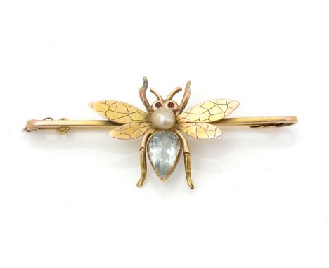 A 9ct yellow gold insect bar brooch, the abdomen set pear-cut light blue topaz, the thorax a half pearl and ruby cabochon eye