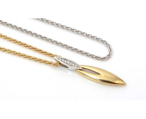 An 18ct gold and diamond pendant, set with graduated brilliant cut diamonds in marquise-shaped white and yellow gold mount, o
