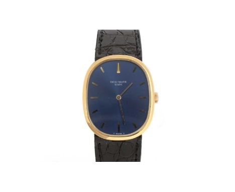 Patek Philippe, Geneve, Ellipse: an 18ct yellow gold cased wristwatch, with metallic-blue baton dial fitted a manual wind 18-