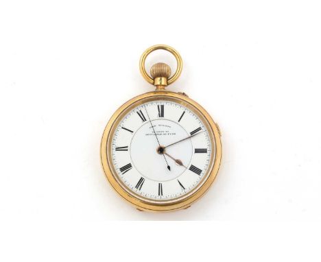 John Wilson, 55 Grey Street, Newcastle on Tyne: an 18ct yellow gold cased open-faced pocket watch, the roman white enamel dia