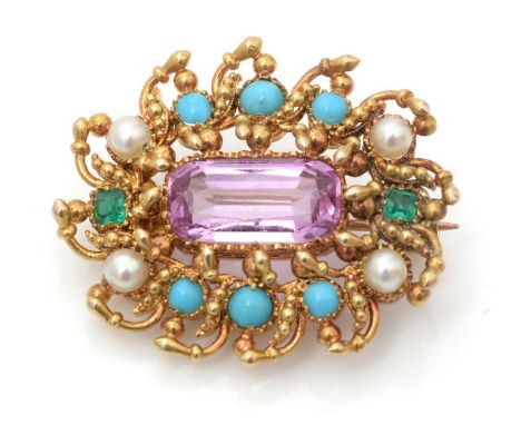 A Victorian tourmaline, turquoise, pearl and emerald brooch, the rectangular facet cut pink tourmaline measuring 12.5 x 6.3 x