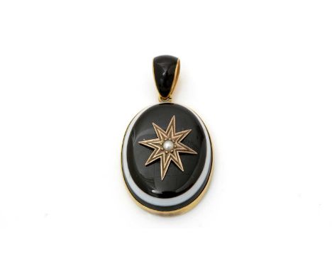 A Victorian banded agate pendant, centred by a half pearl within gold star, in 18ct yellow gold mount, the bale with black en