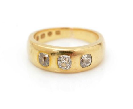 A Victorian three stone diamond ring, the old cut slightly graduated diamonds weighing a total of approximately 0.60carats, i