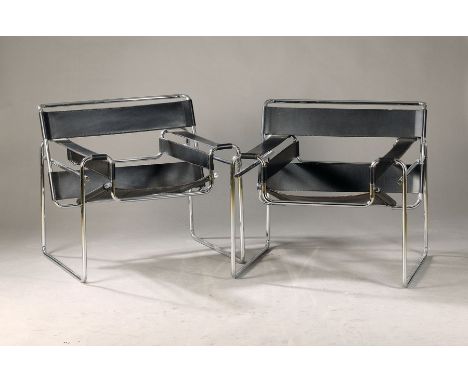Paar Wassily Chairs, Stahlrohrsessel B3,  Entw. Marcel Breuer 1925, Ausführung Knoll Italien, verchromtes Stahlrohr u. Leder,