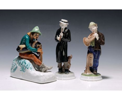 Drei Jugendstil-Porzellanfiguren von Musikanten, Rosenthal, um 1920 und 1923,  Schäfer mit Dudelsack, Entwurf M.E. Beyrer 191