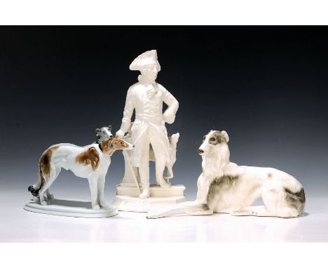 3 Porzellanfiguren, deutsch, 1. Hälfte 20. Jh.,  1x Ens Volkstedt, Windhundpaar, bemalt, H. ca. 19cm; 1x Goldscheider Wien, l