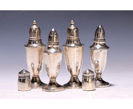 Sechs Salz- und Pfefferstreuer, USA, 1930er Jahre,  Sterlingsilber, nach viktorianischem Vorbild, drei Paar Pfeffer- u. Salzs