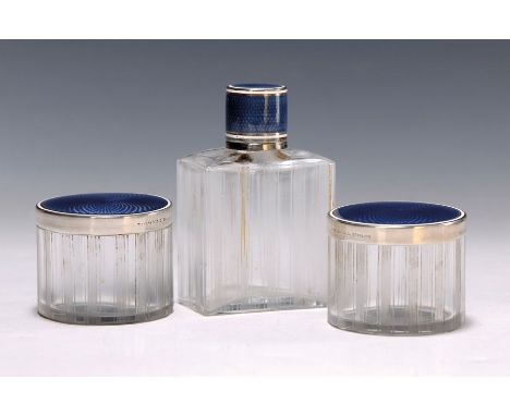 3-teiliges Toilettenset, Tiffany &amp; Co New York, 1920er Jahre,  Korpus farbloses Kristallglas mit feinem Streifenschliff, 